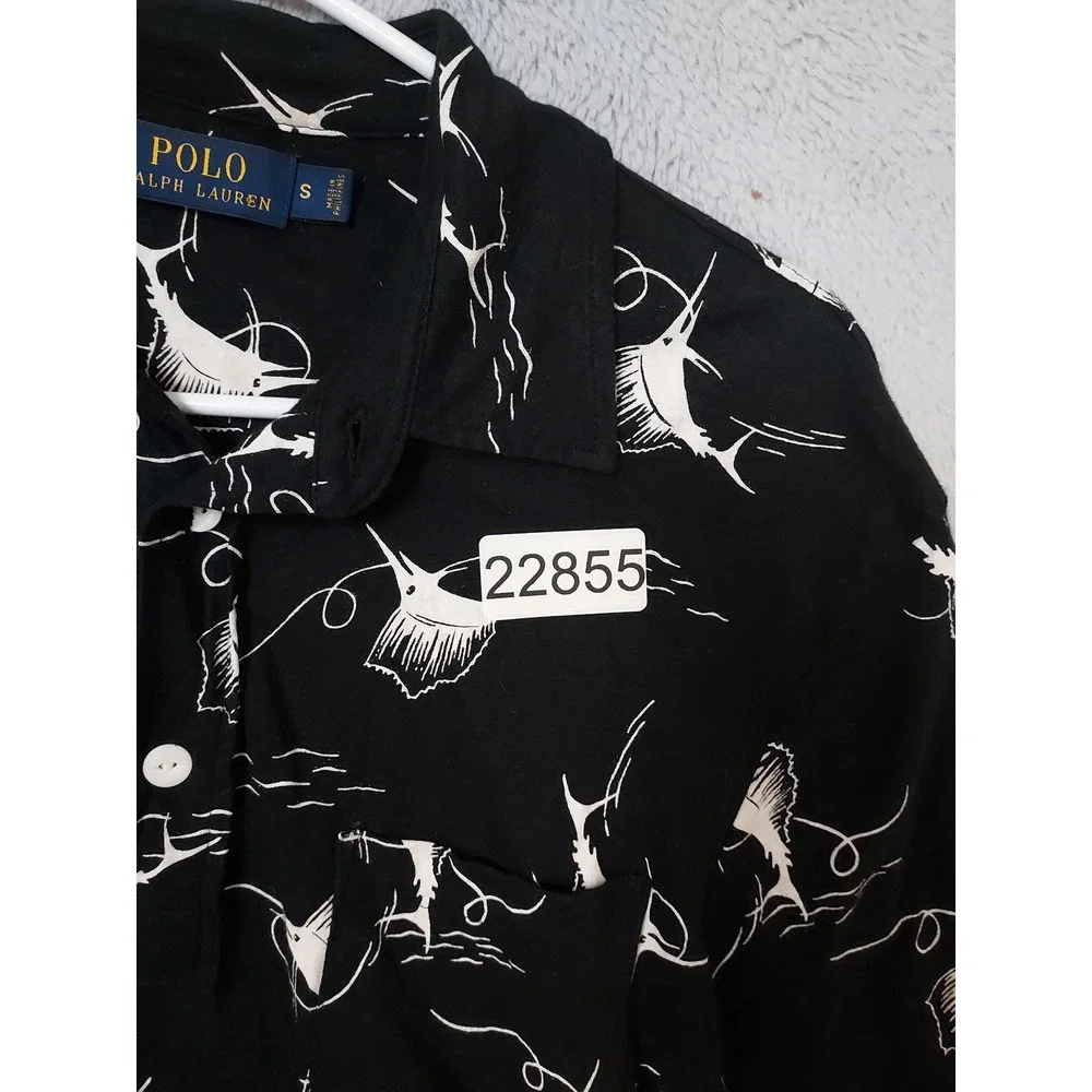 Polo Ralph Lauren Polo Shirt Mens Small Marlin Fish Print Linen Blend Black READ